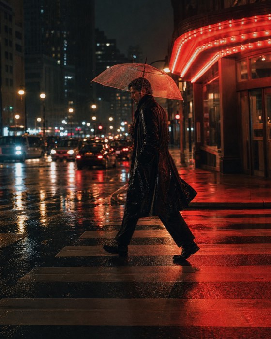 A person crossing a neon-lit street at night